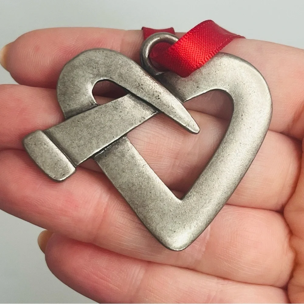 silver‎ tone 2 inch metal twisted nail heart figurine ornament red ribbon